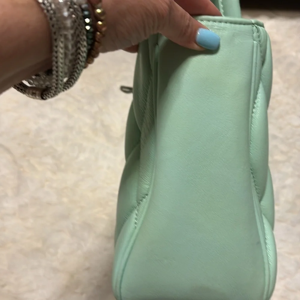Ecostitch vegan leather Mint Grn puffy woven Tote top handles cross body strap
